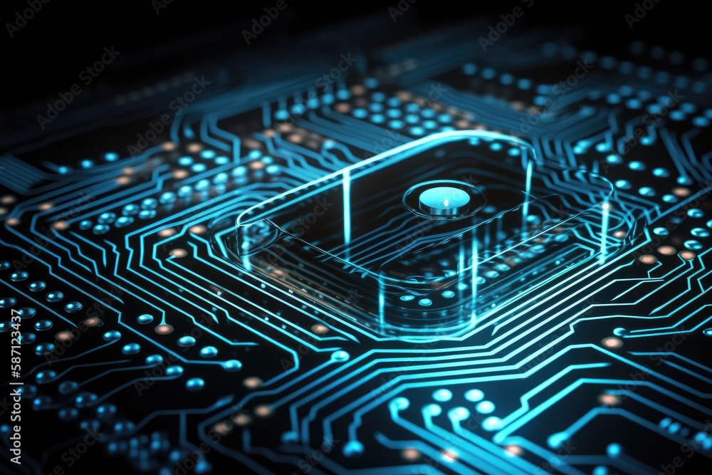 close-up view of a computer chip on a circuit board. Generative AI