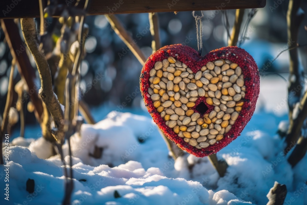 Homemade heart shaped birds feeder made from organic peanuts hanging in the garden. Feeding the bird