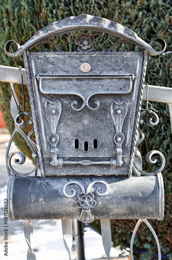 View of metal mailbox on winter day, closeup