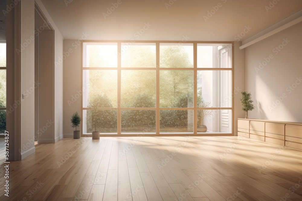 Interior Design of an Empty Room with White Door, Window Opposite, Beige Walls, Large Full Wall Wind