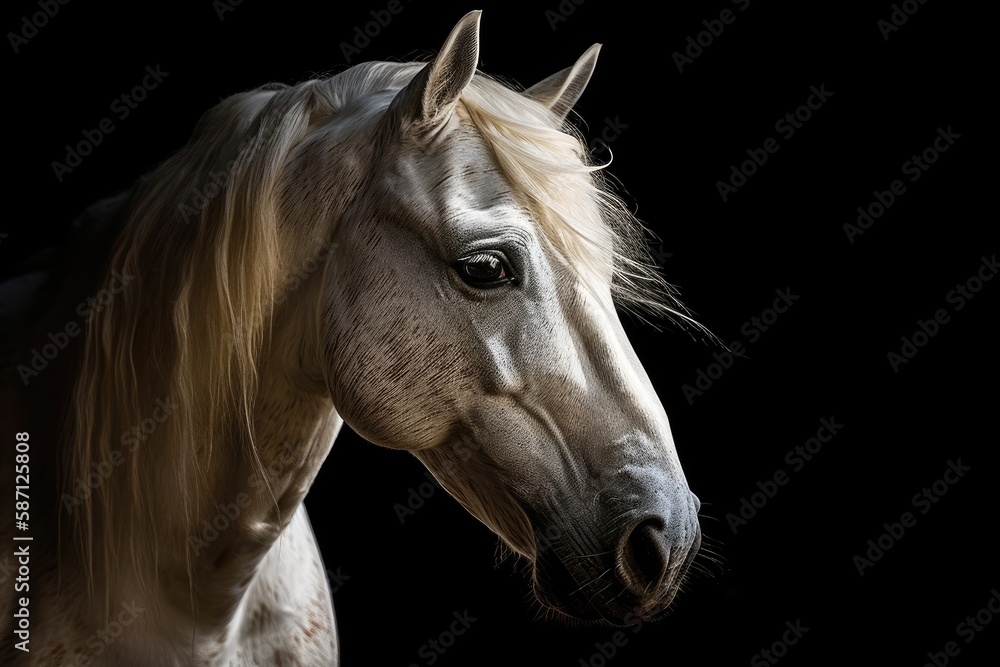 Moving photograph of a white horse on a black background. Generative AI