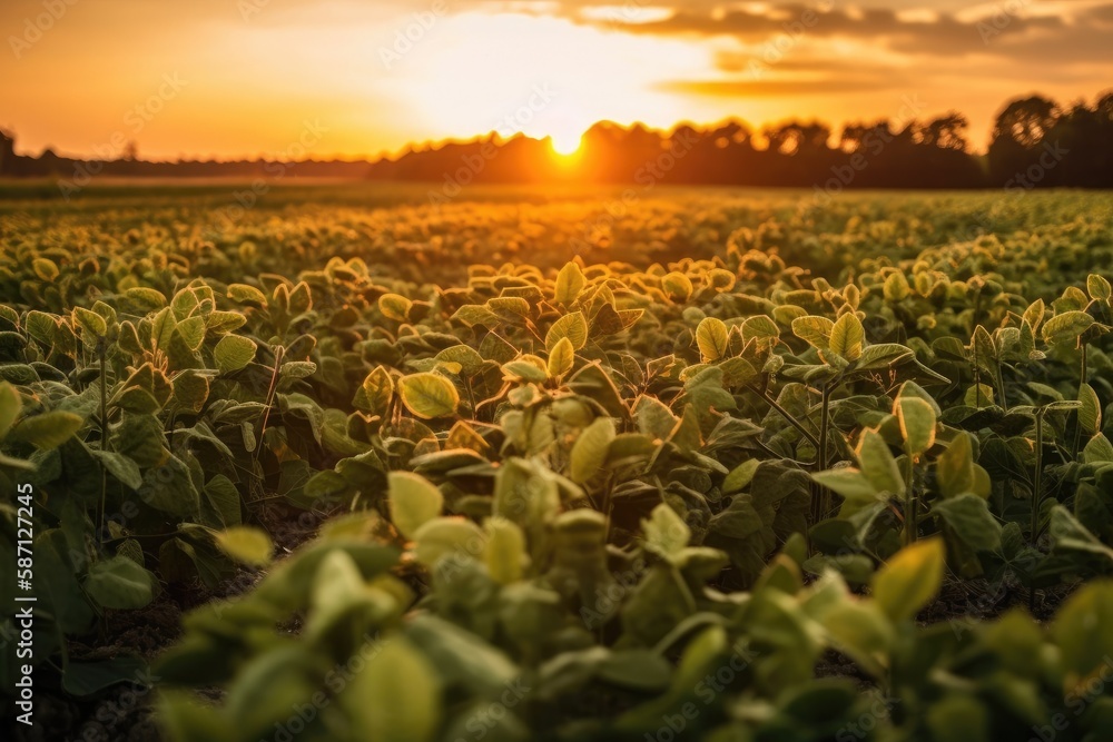 Soybean field at sunset. Generative AI