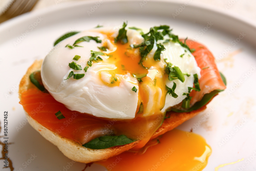 Plate with tasty egg Benedict, closeup