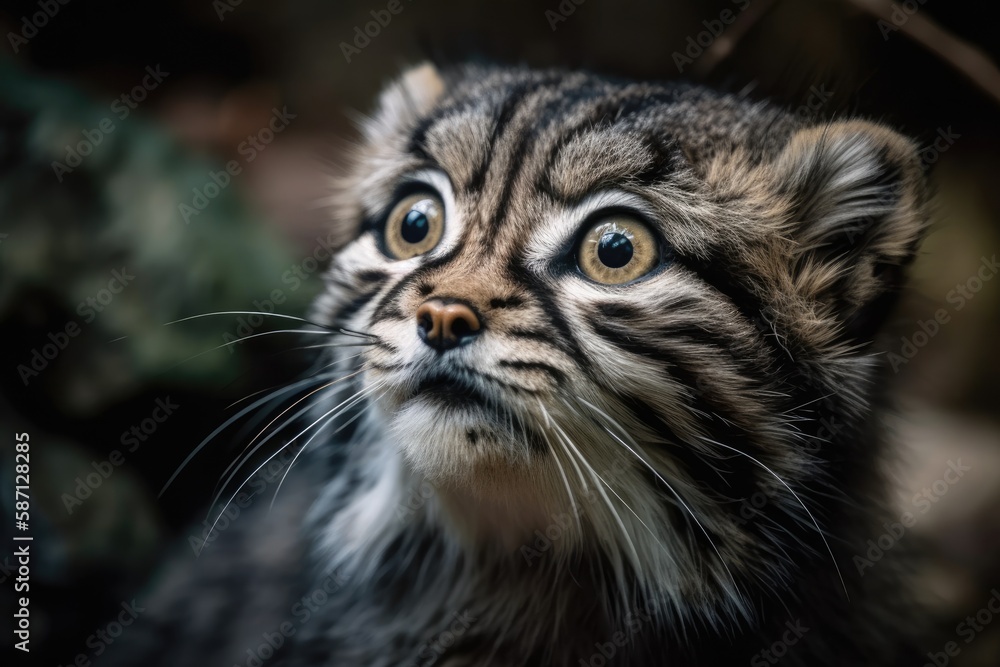 One adorable Manul kitten (also known as the Pallass cat or Otocolobus manul) is seen in an up clos