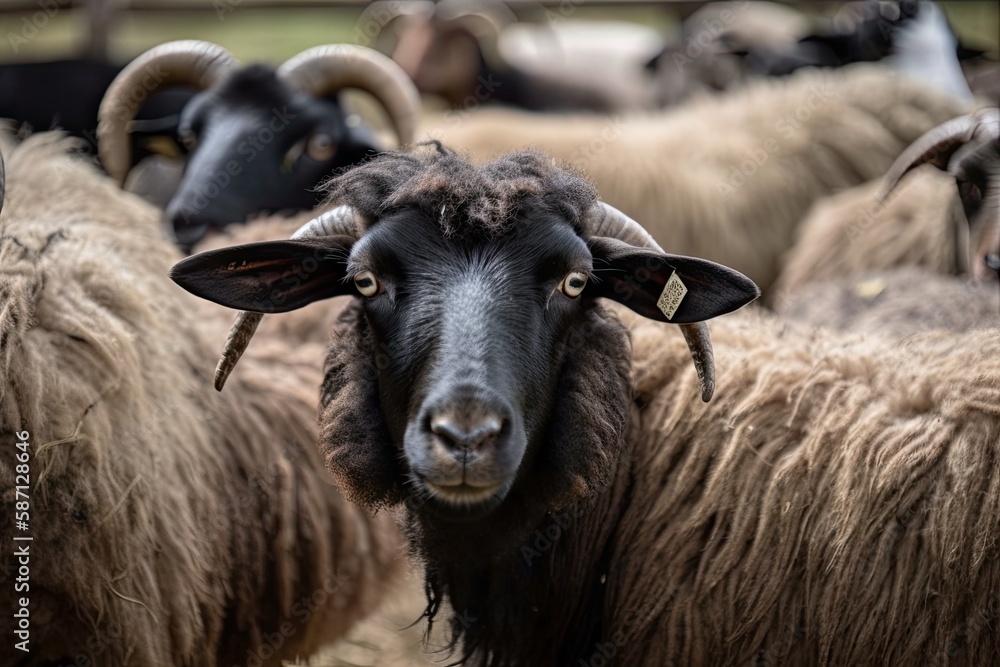 Adorable sheep and goats in a close up photograph on a farm. Generative AI