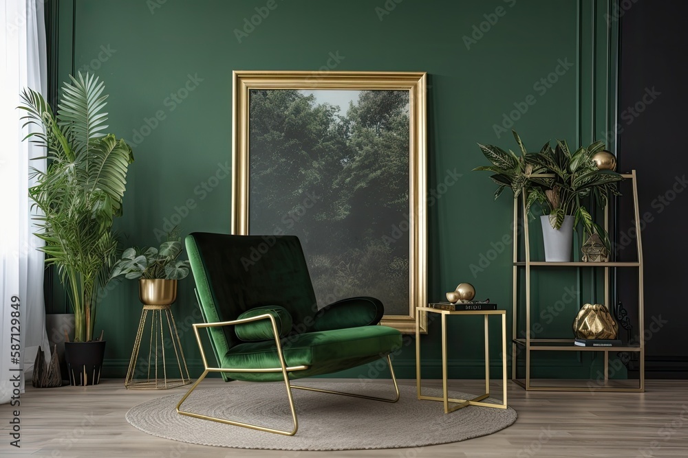 An empty gold frame hangs on the wall of a living room with fresh plants, a chair, and a green decor