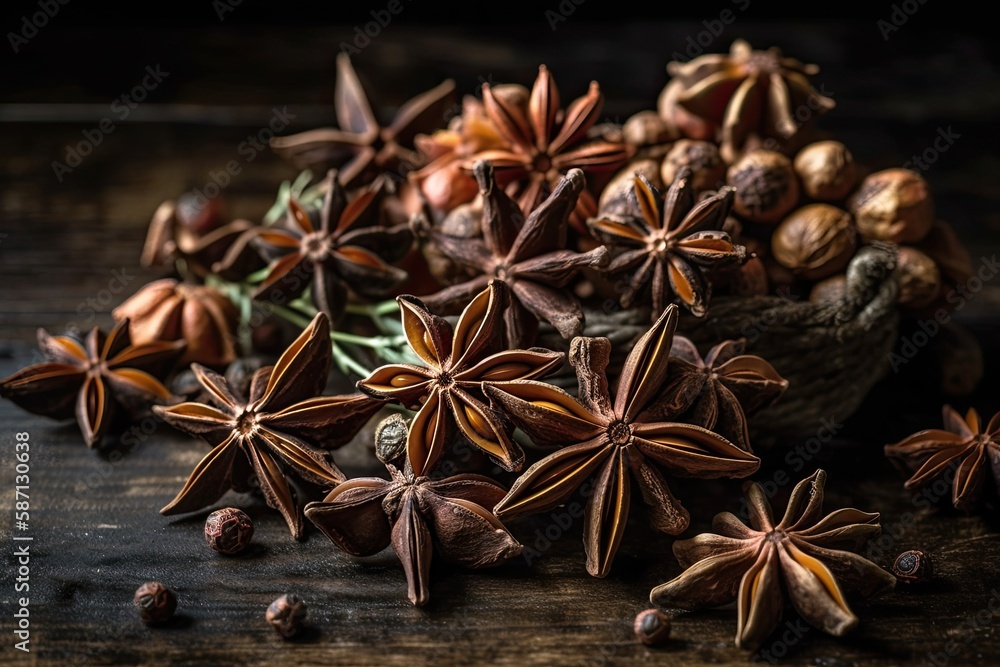 Anise stars closeup against dark rustic wooden background. Generative AI