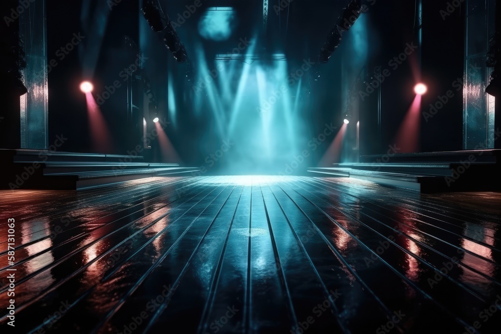 empty stage with spotlights and wooden floors. Generative AI