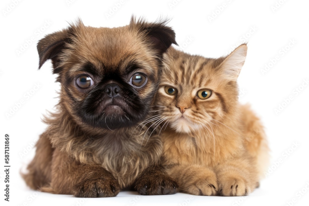 The Brussels Griffon puppy cuddles the little tabby fold cat. Isolated against a white backdrop. Gen