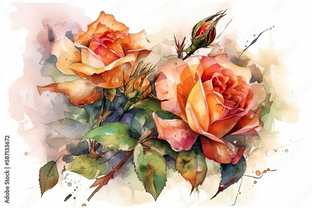 two vibrant orange roses painted in watercolor. Generative AI