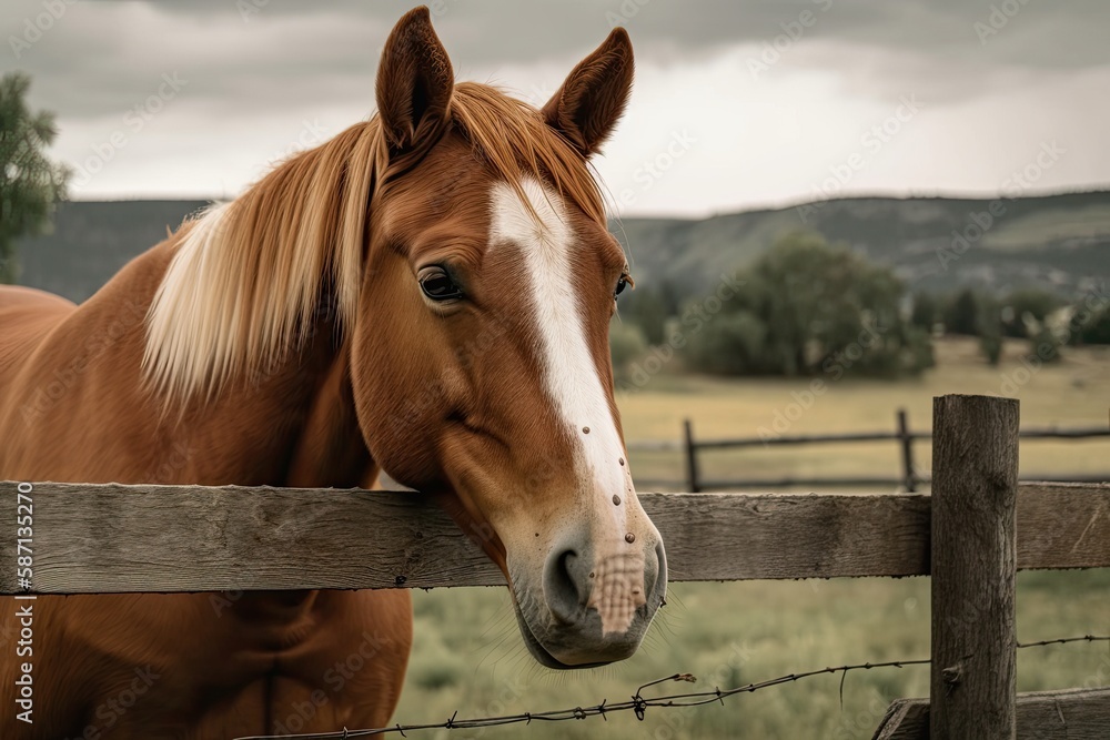 In a mostly cloudy summer afternoon, a brown horse with a white star on its forehead looks over a re