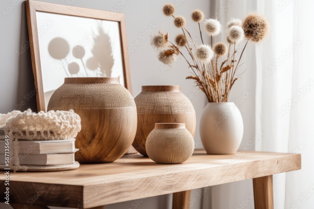 Wooden table, desk, or shelf closeup with ceramic vases with cotton flowers over bohemian living roo