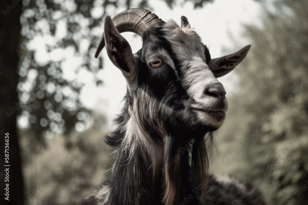 A goat with strikingly enormous horns that is black and white when viewed from the side. Goat in the