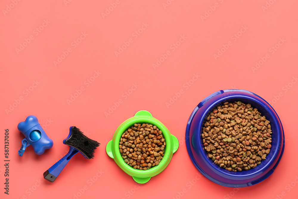 Bowls of dry pet food, grooming brush and waste bags on color background