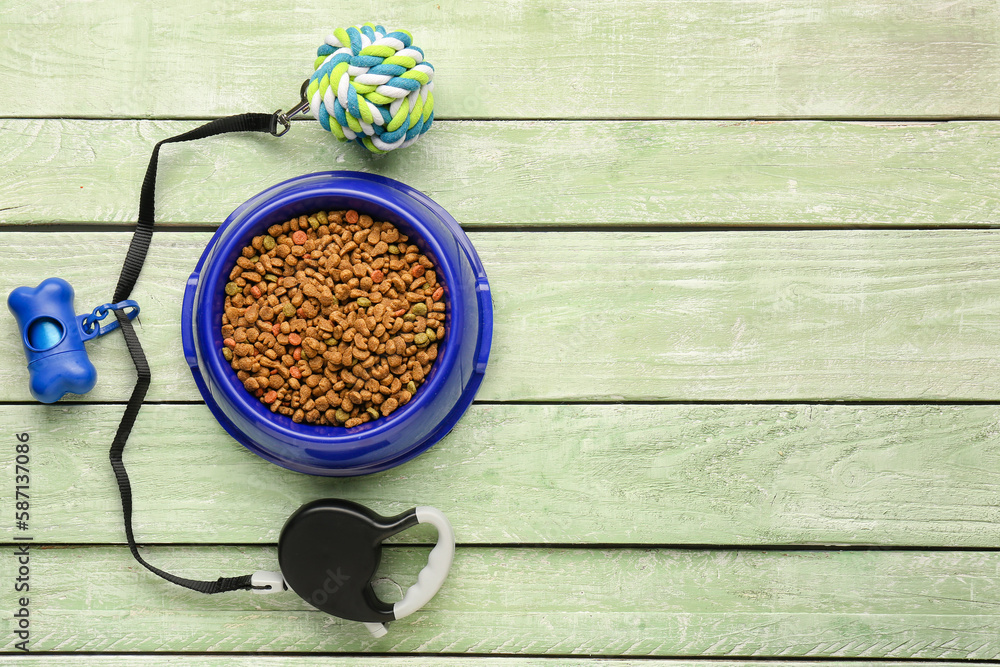 Bowl of dry pet food, leash, waste bags and toy on color wooden background