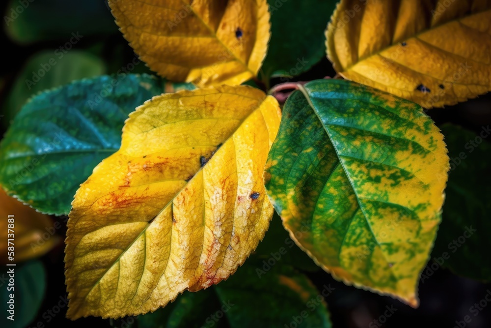 macro shot of a vibrant yellow and green leaf. Generative AI