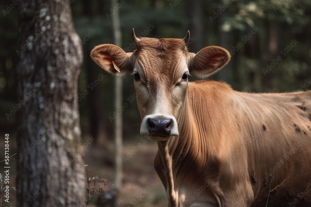 young bull in a forested area. Generative AI