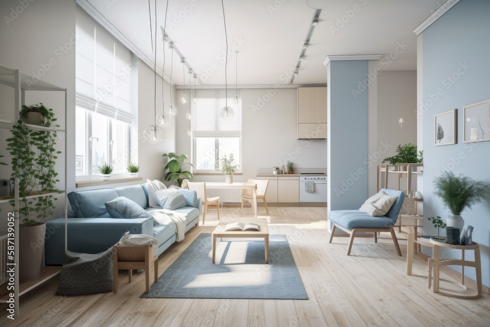 Contemporary white and blue wooden living room. Fabric couch, parquet floor, window, and decors. Jap