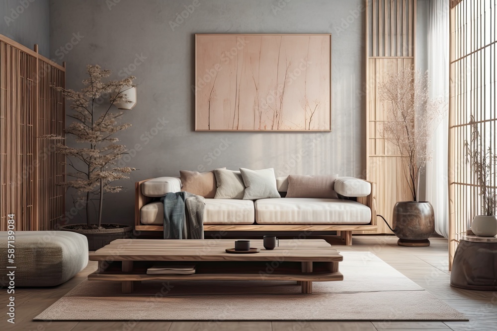 Japandi living room with plaster wall. Macrame wall art and minimalist fabric couch. Wabi sabi decor