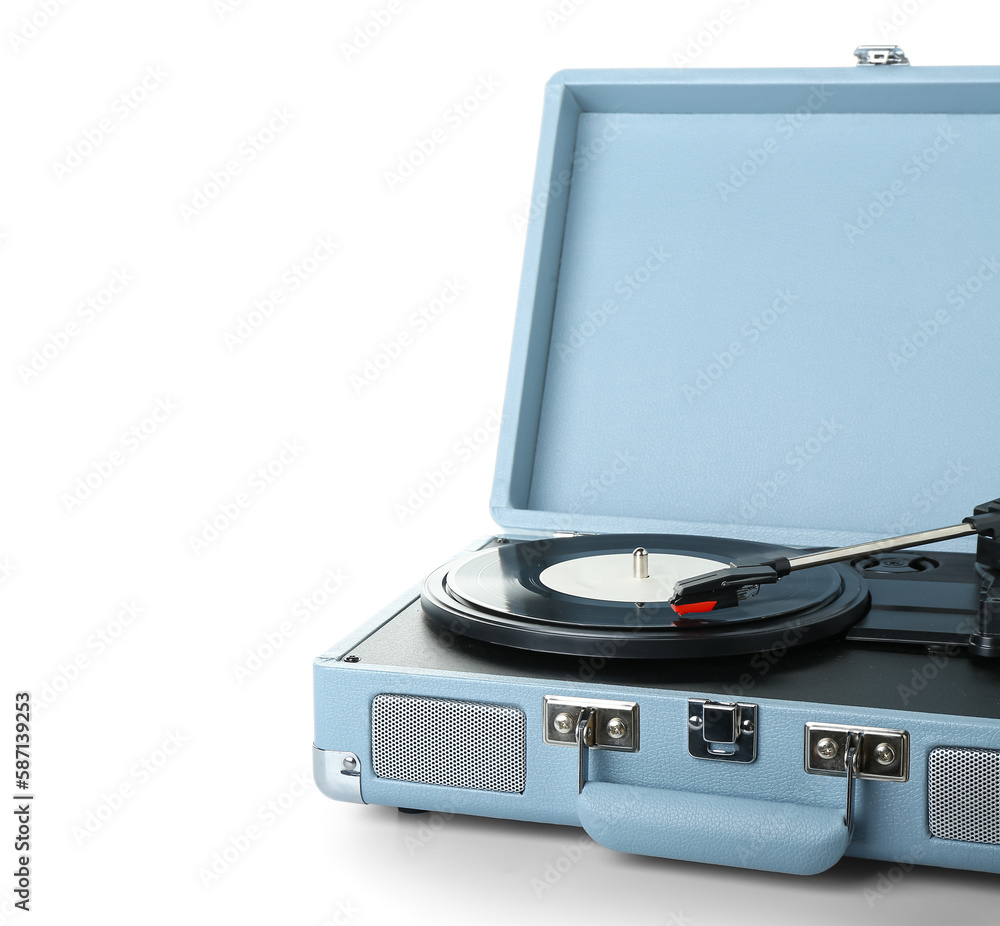 Record player with vinyl disk on white background