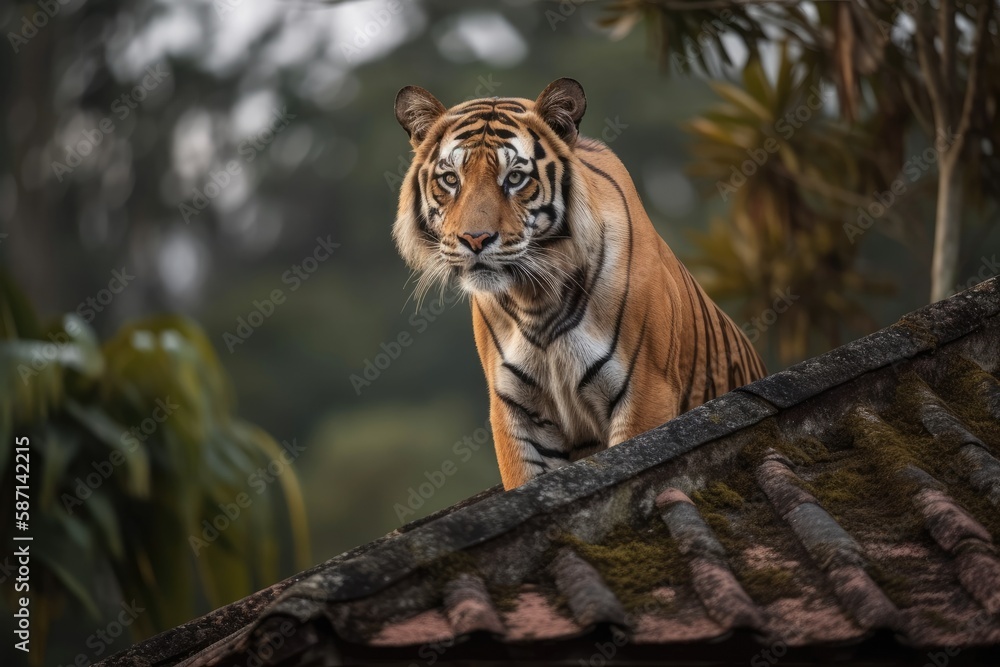 Bengal tiger perched atop a roof. Generative AI