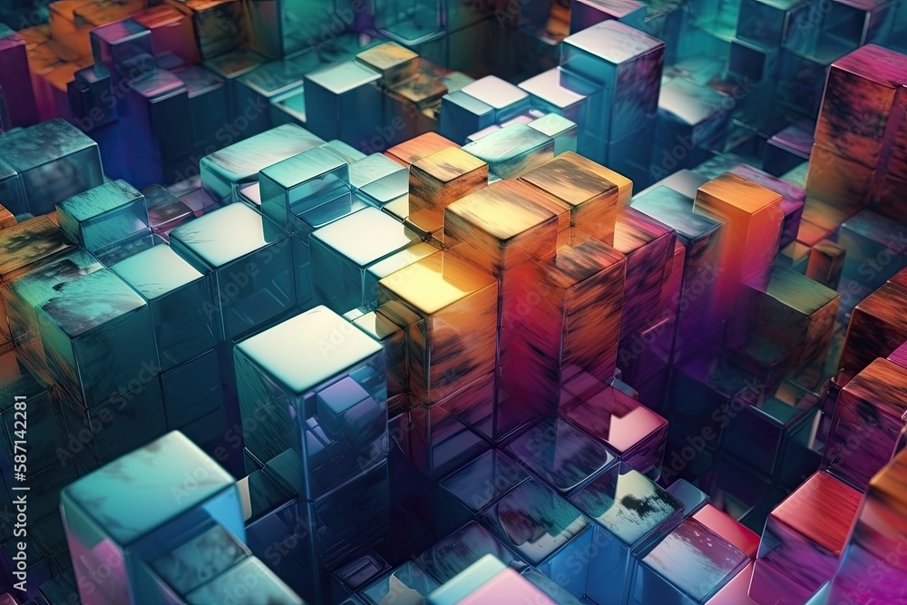 abstract cubes in red and blue. Generative AI