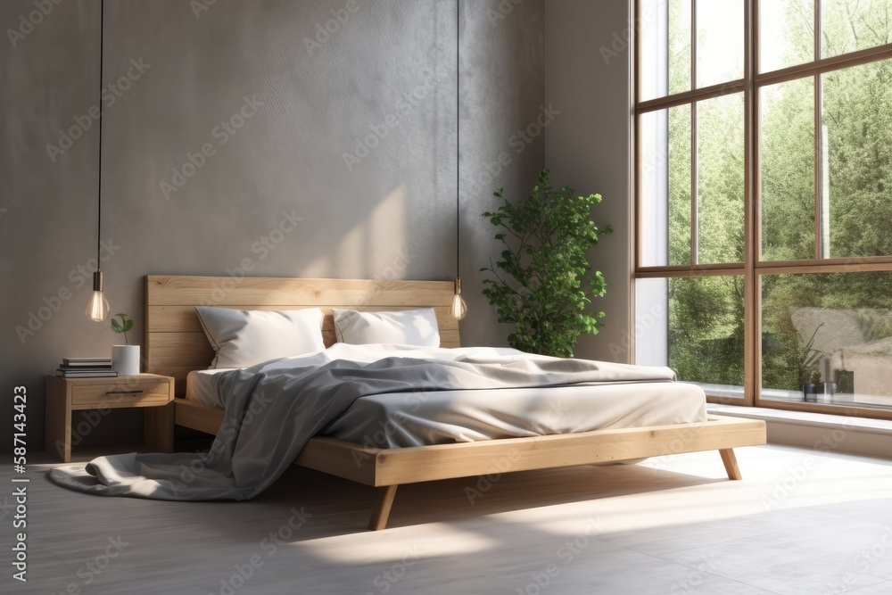 Interior design, cool bedroom wall mockup, contemporary bed, decorative plants, and sunlight. Genera