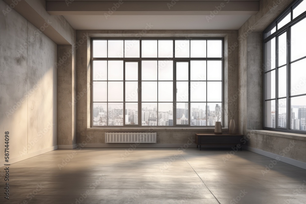 empty room with natural light and a wooden bench by the window. Generative AI