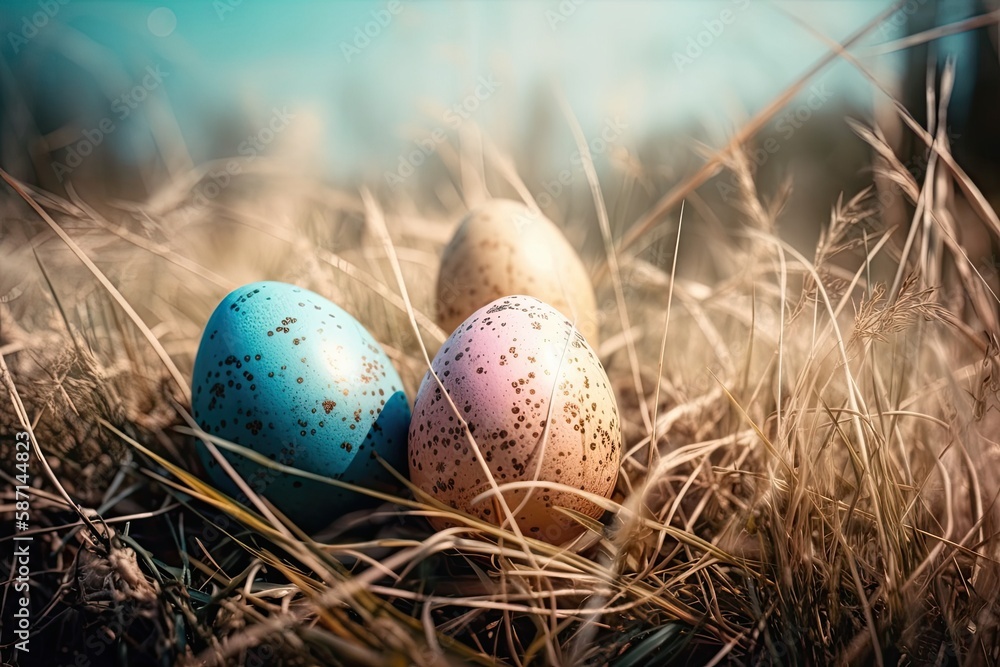 two pastel-colored eggs resting on blades of green grass. Generative AI