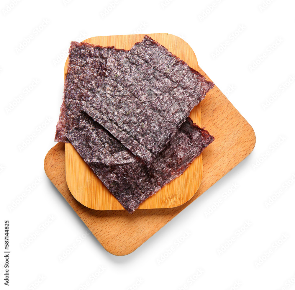 Wooden boards with natural nori sheets isolated on white background