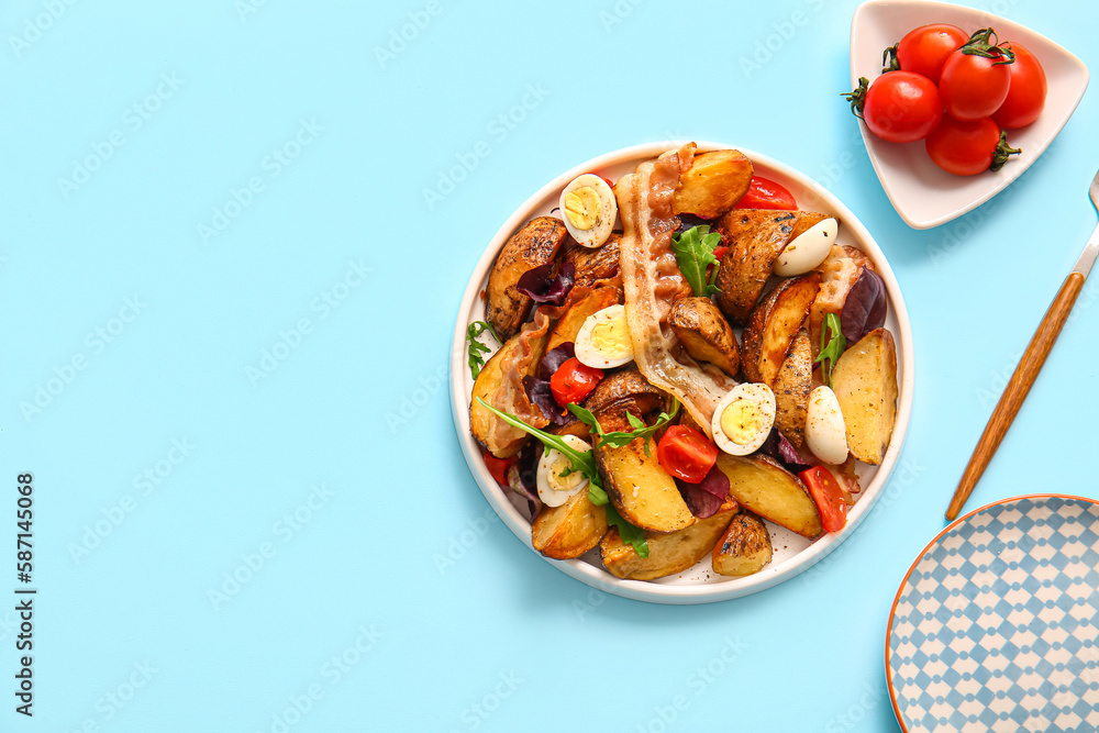 Composition with tasty potato salad on light blue background, top view