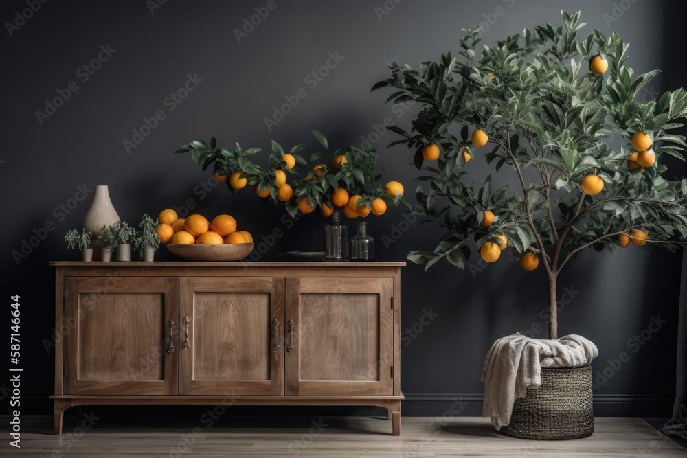 Elegant room with wooden cabinet and planted kumquat tree near grey wall. Generative AI