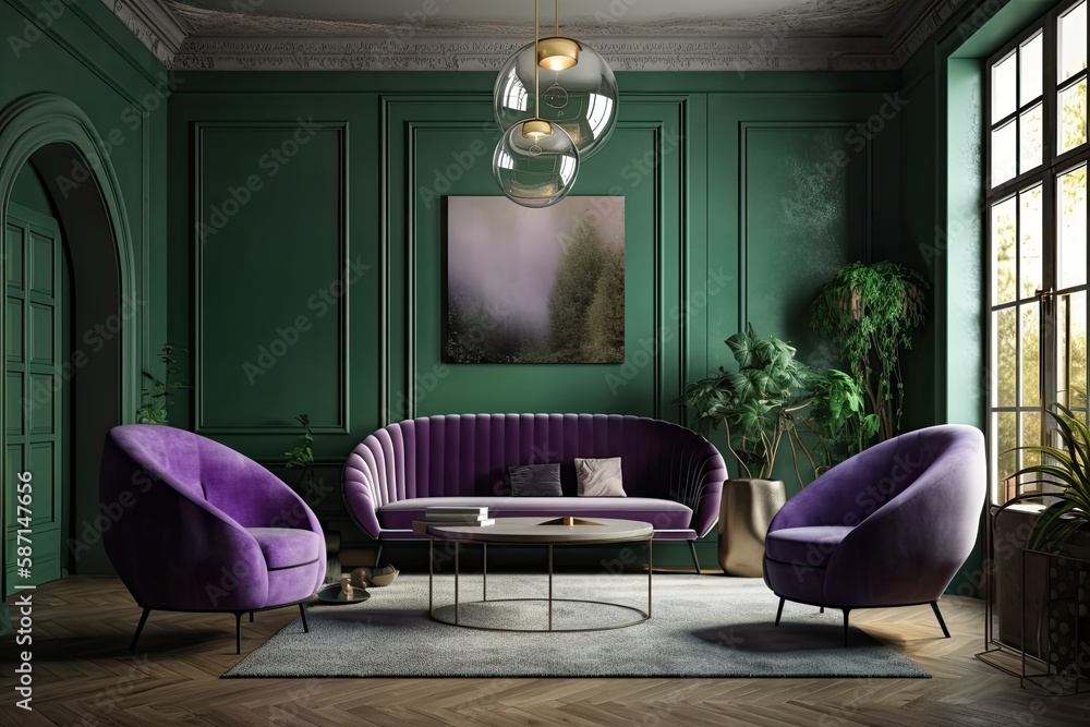 In the living room or reception area, the color very peri is in style. Purple sofa and green olive c