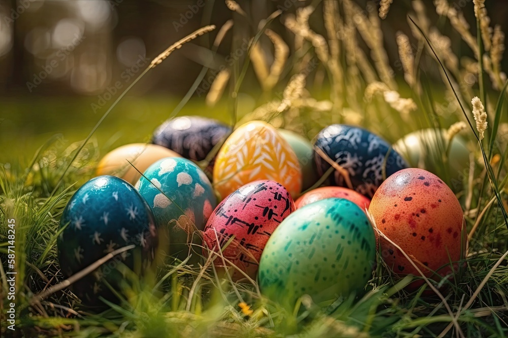 colorful Easter eggs nestled in green grass. Generative AI