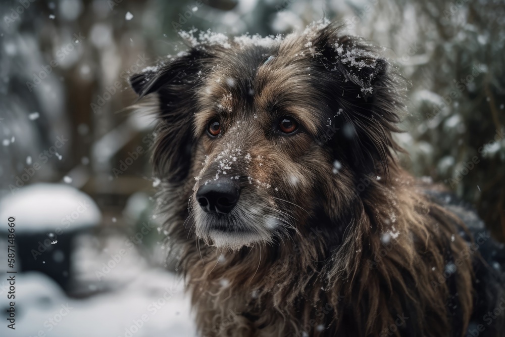 Senior Dog with Fluffy Hair and Snowflakes in the Yard During a Snowfall Blizzard Examining the Came