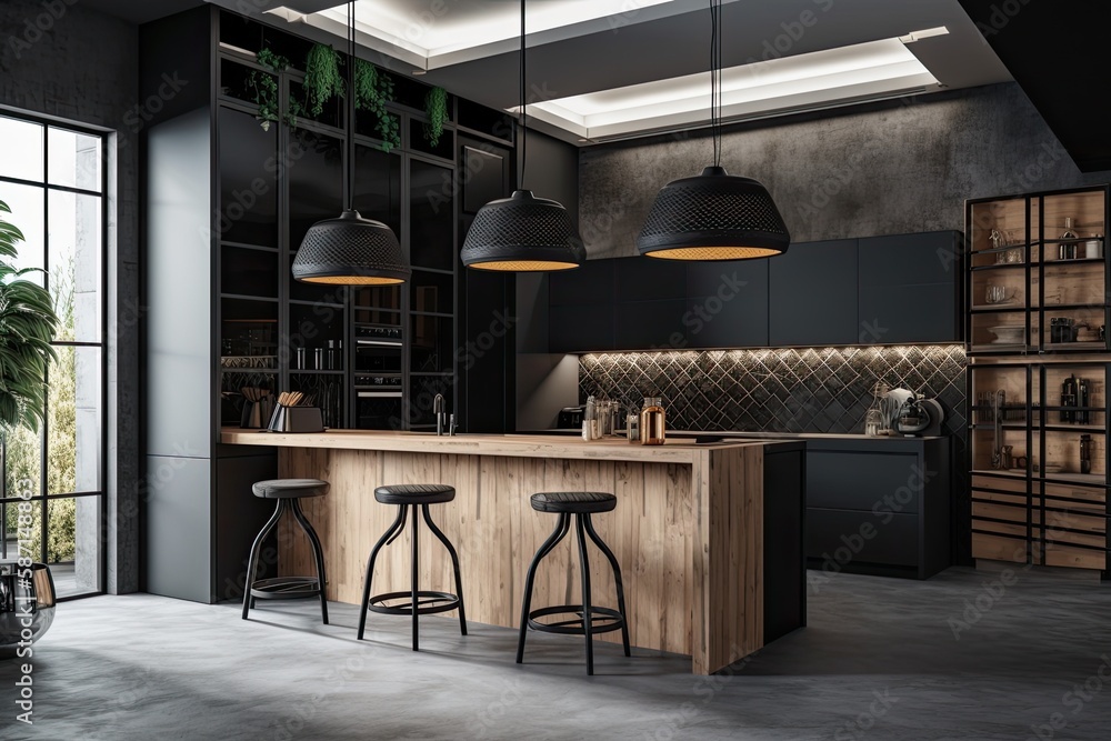 Interior of a black kitchen with white cabinets, a bar with stools, a concrete floor, and a mosaic w