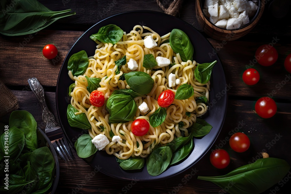 Pasta with feta cheese, tomatoes, and spinach. on a wooden background, in a black plate looking up. 