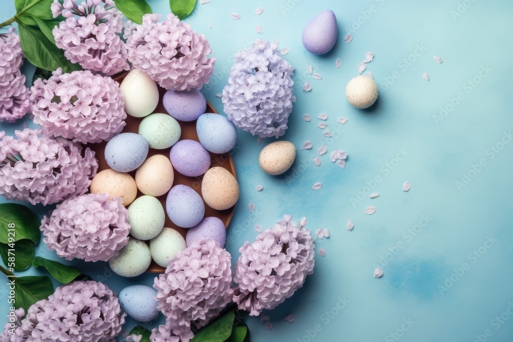 Easter-themed floral arrangement with eggs on a blue background. Generative AI