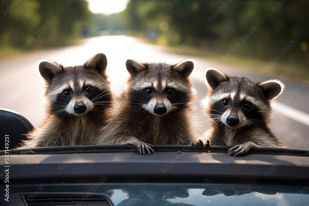 Three amusing raccoons riding in a car while playing a guitar. Generative AI