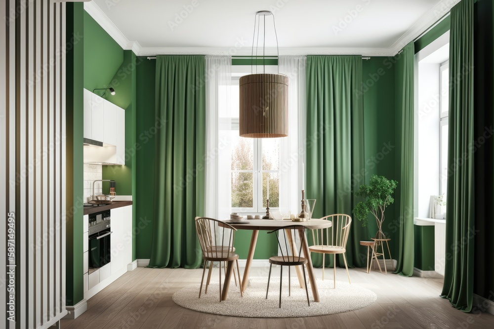 White kitchen with a classic ornamental divider, round table with chairs near a huge window, and gre