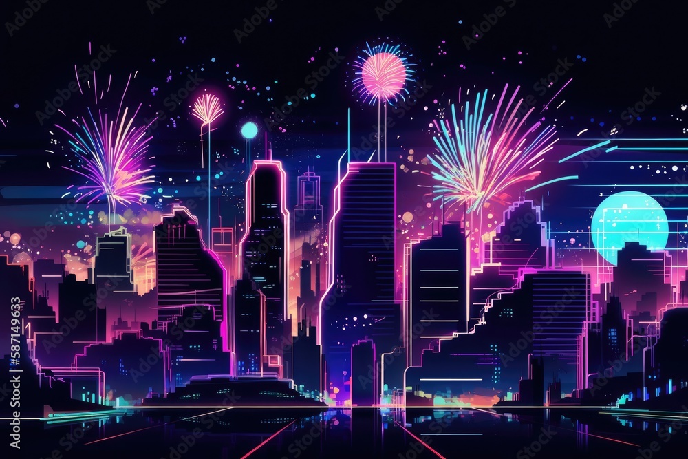 futuristic city at night. Cityscape with spectacular pyrotechnics, neon purple and blue lights, and 