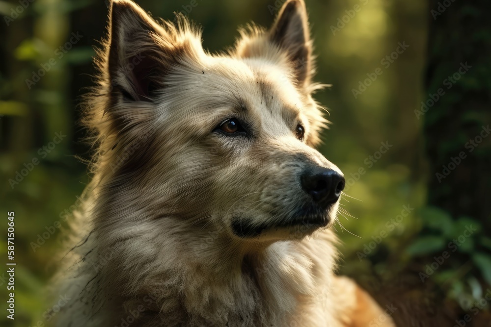 A dog in close up against a fuzzy background. Make a copy of the spot. A beautiful sunny day. Genera