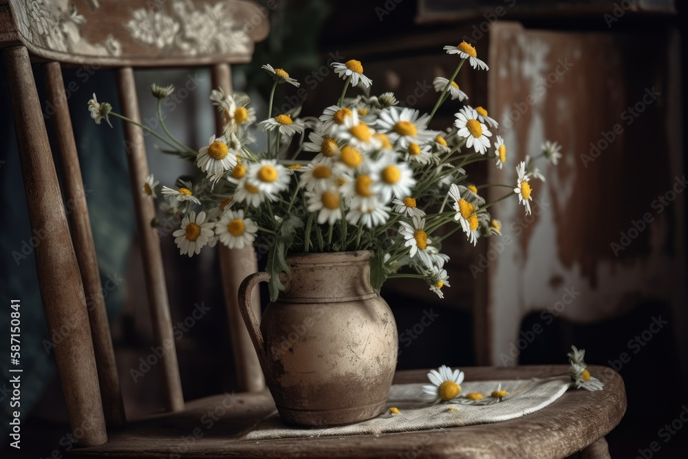 Daisy blooms on rustic chair. Countryside summer decor. Modern ceramic vase with daisies in sunny en