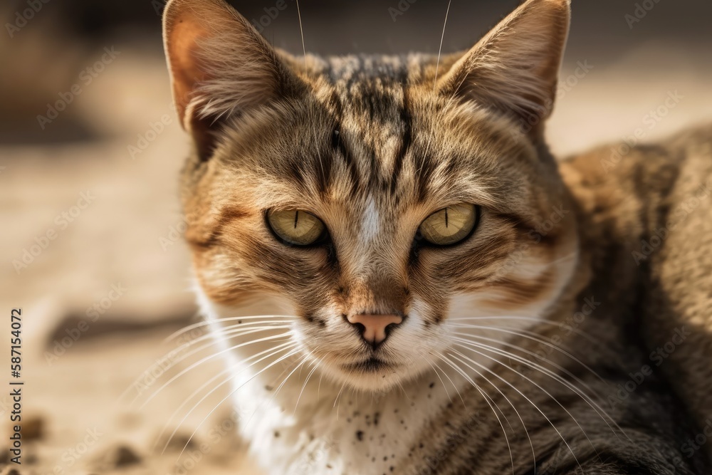 Close up of a cats face on the sand. Generative AI