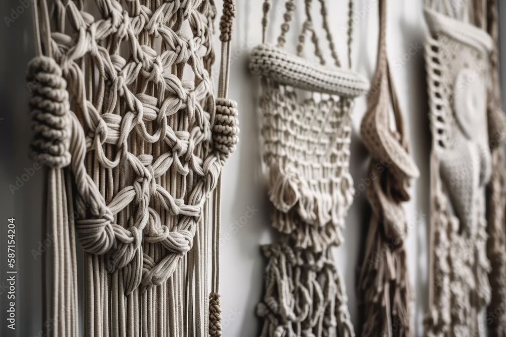 Grey macrame on white wall. Handmade boho décor. Generative AI