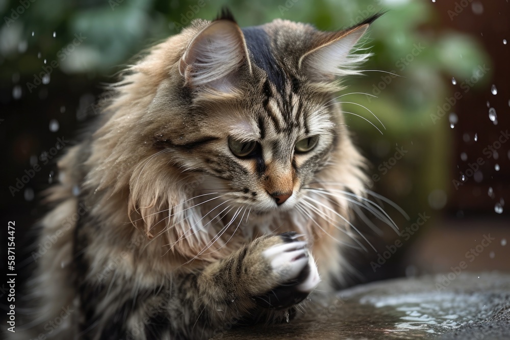 Female Norwegian forest cat cleaning paw. Generative AI