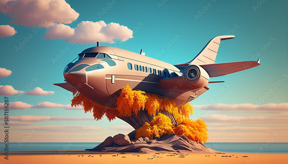 modern jet at the beach area with blue sky. Generative AI