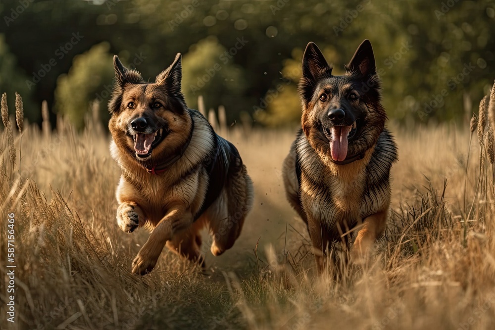 Two canines sprint across the field. They are having fun on a lovely meadow. Generative AI