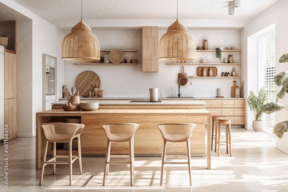 Blurred backdrop, modern hardwood kitchen panorama. Kitchenware and table. Scandinavian bohemian dec