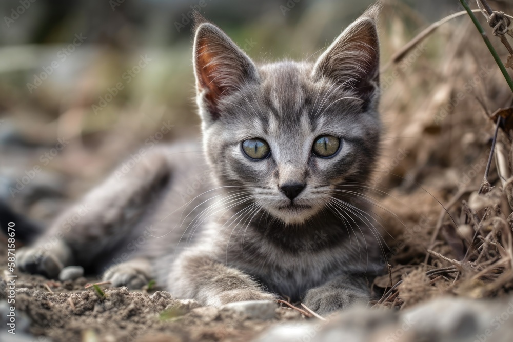 Gray kitten resting on the ground. Generative AI